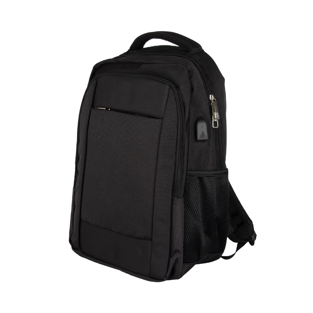 Black Polyester Laptop Backpack With 2 Storage Compartment & USB Input BL111310BK
